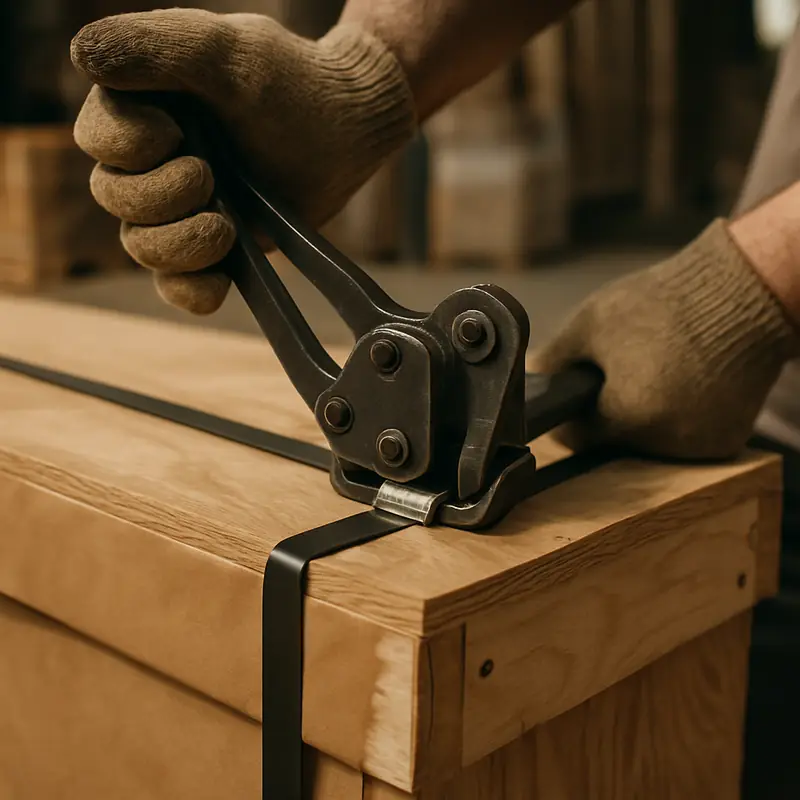 Packer tensioning a steel band around a plywood crate