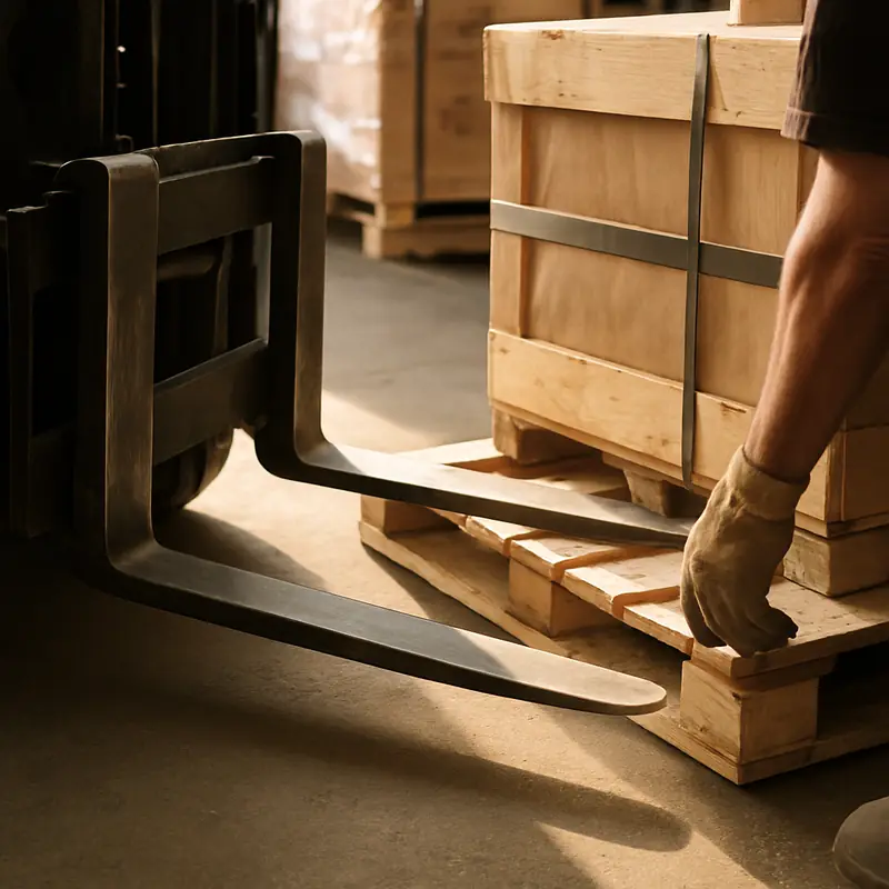 Forklift tines sliding into a wrapped pallet on a warehouse floor