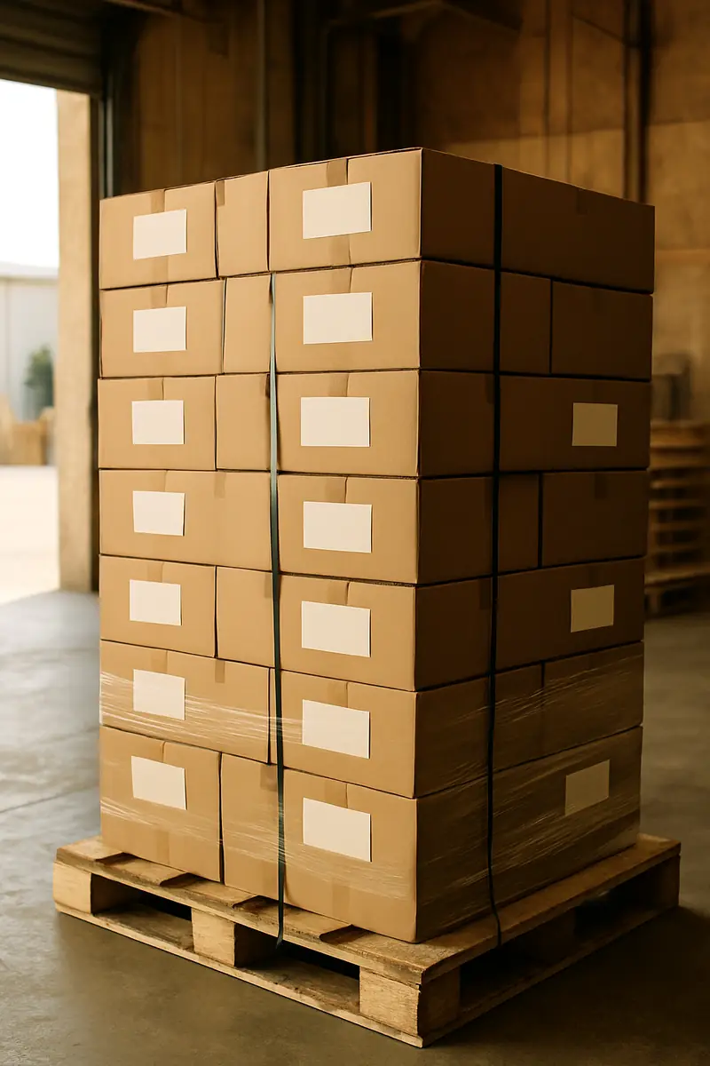 Pallet of labelled cartons wrapped in stretch film at a warehouse door