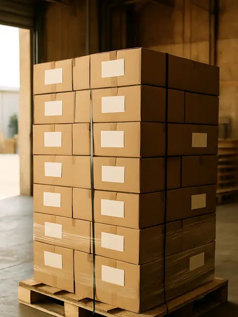 Pallet of labelled cartons wrapped in stretch film at a warehouse door