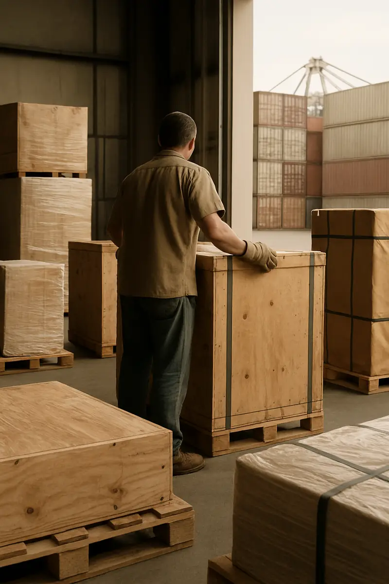 Worker standing beside a crate at a dock door with shipping containers stacked outside