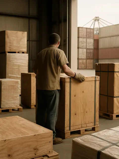 Worker standing beside a crate at a dock door with shipping containers stacked outside
