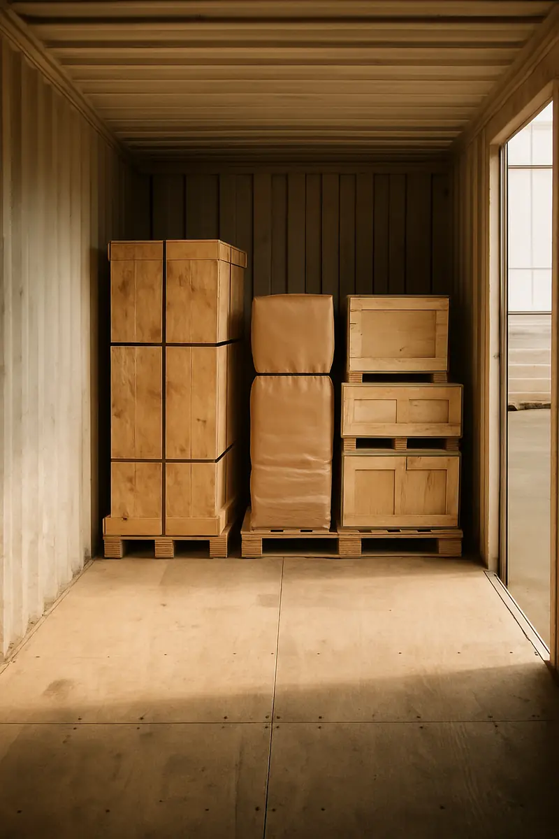 Crates and a wrapped pallet staged inside an open shipping container