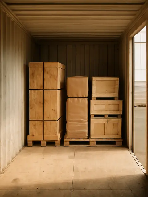 Crates and a wrapped pallet staged inside an open shipping container