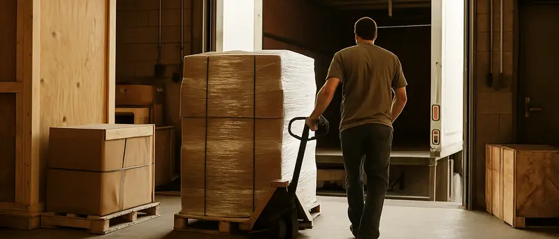Worker walking a shrink-wrapped pallet on a hand jack into a trailer at a loading dock