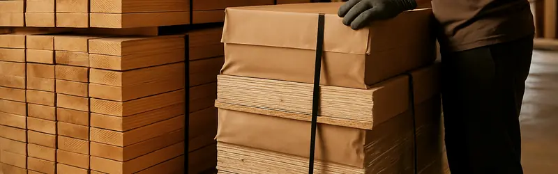 Stacked plywood and lumber in a crating shop, with a gloved hand resting on a banded stack