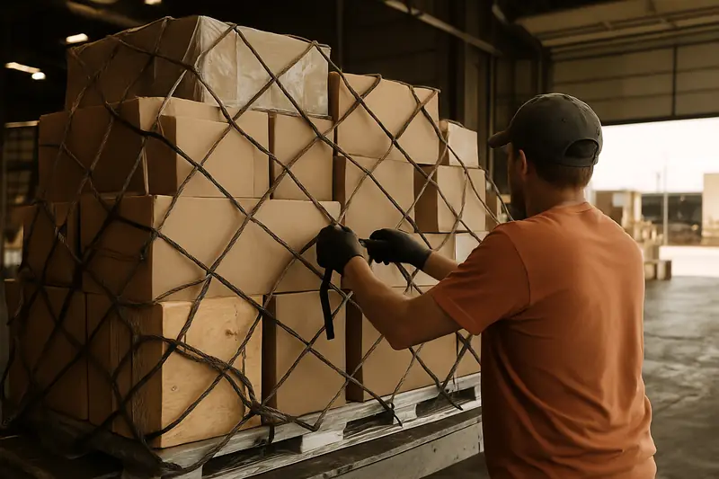 Strapped cartons on an aircraft pallet at a cargo terminal