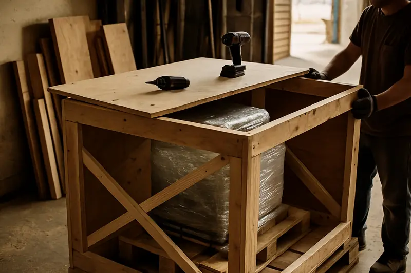 Packer tensioning a steel band around a plywood crate