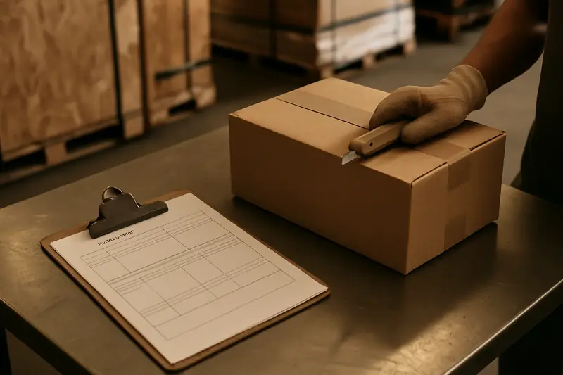 Commercial invoice and packing list clipped to a carton