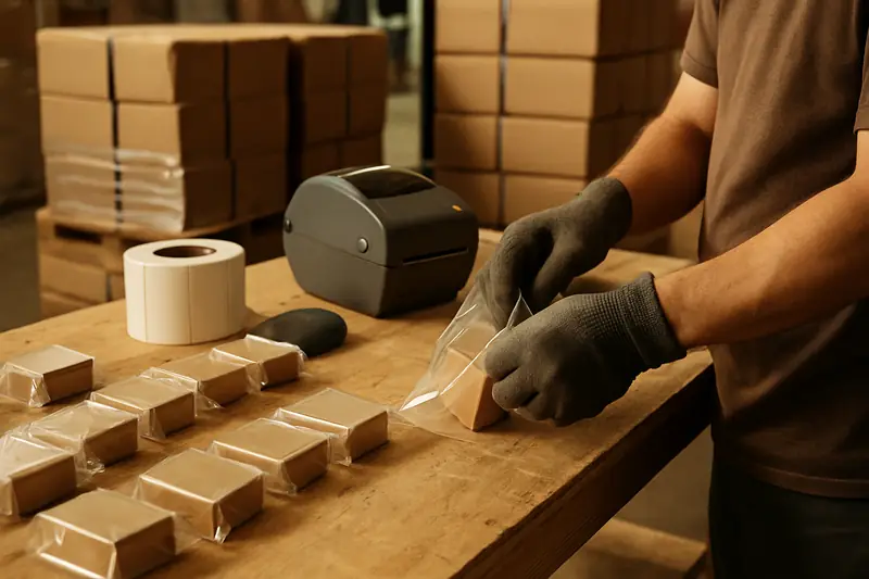 Hands applying FNSKU barcode labels to polybagged products on a packing table