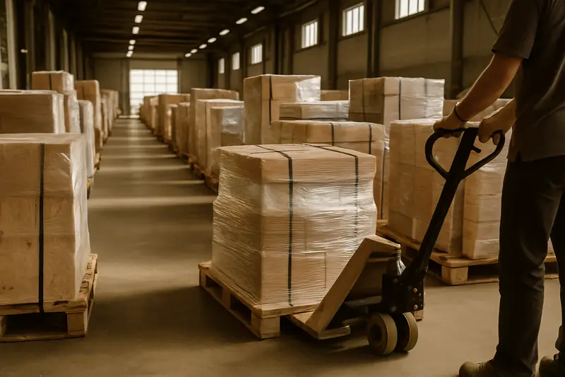 Shrink-wrapped pallets lined up inside a container, braced with load bars