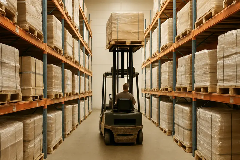 Forklift tines sliding into a wrapped pallet on a warehouse floor